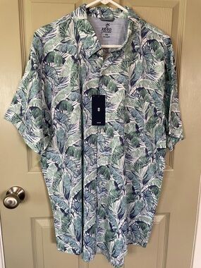 Izod Green and Blue Tropical Leaf Short Sleeve Camp Shirt